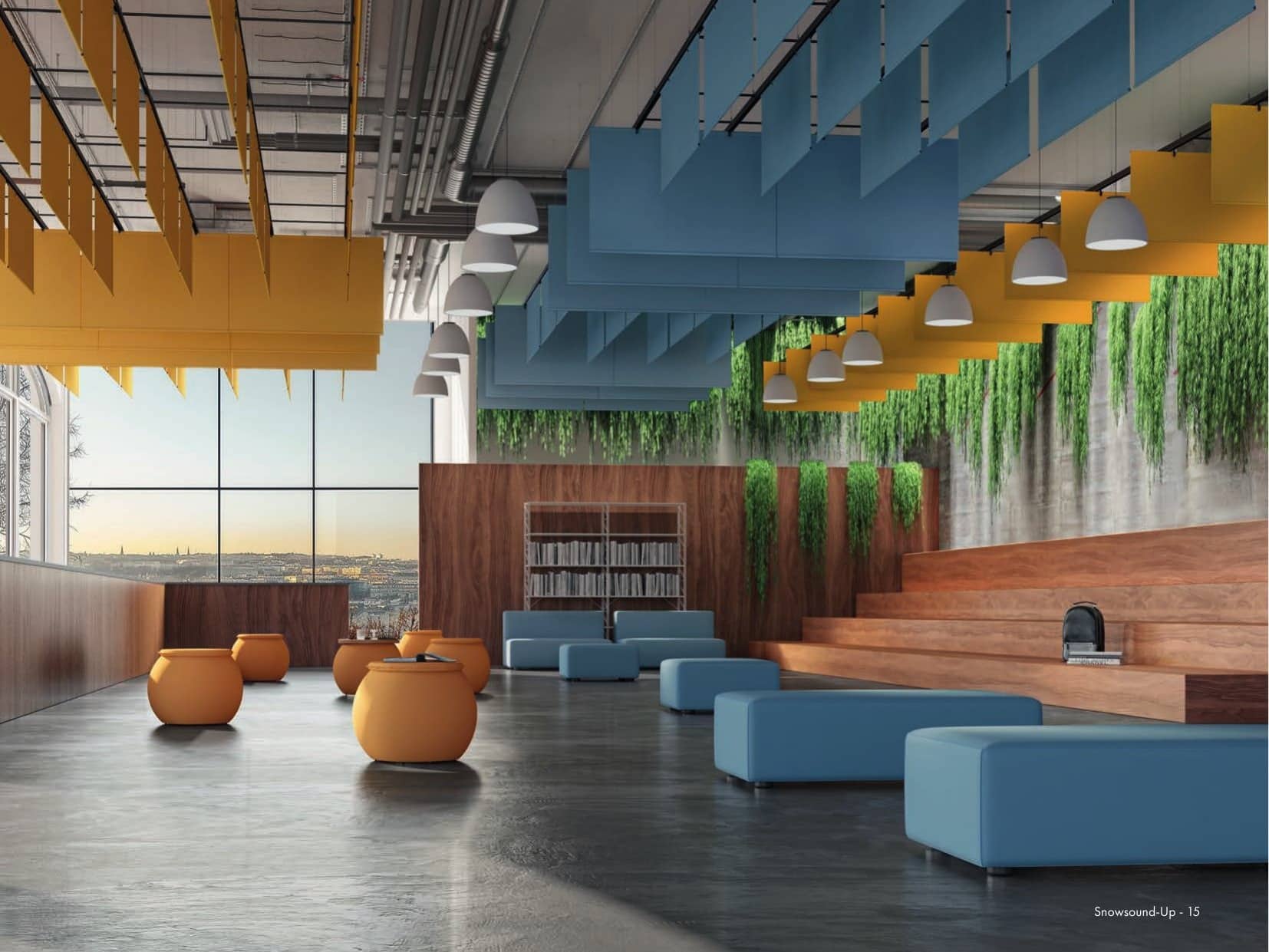 Showroom Snowsound-Up de Caimi avec panneaux acoustiques colorés et amphithéâtre