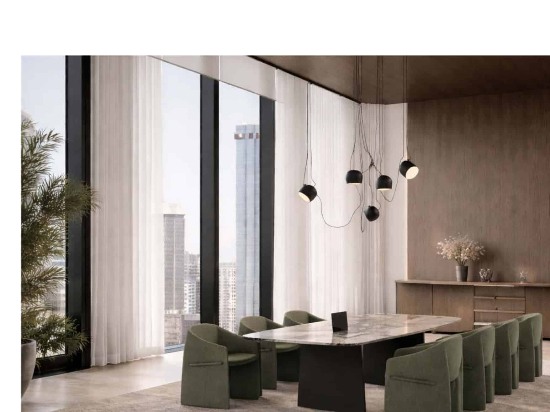 Boardroom premium Majorette vert sauge de Gaber, table marbre, vue gratte-ciel